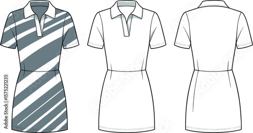 Striped polo dress flat sketch, front and back view, short sleeve, women’s fashion CAD, technical clothing design, vector template