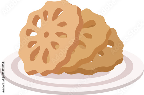 Food flat vector illustration. Crunchy lotus roots chips or renkon chip. Usually eaten as snack.