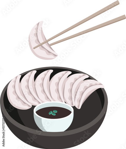Food flat vector illustration. Dumplings, gyoza or mandu on a plate with soy sauce in a cup. 