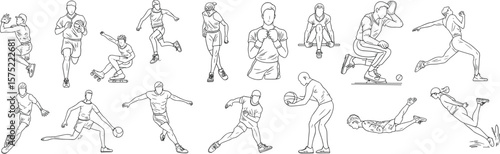 Vector line drawing of athletes, diverse sports pose illustration, sketch workout figures, running jumping skating boxing soccer training collection