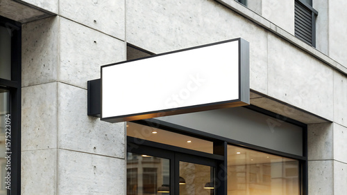 Horizontal blank sign mockup above shop entrance