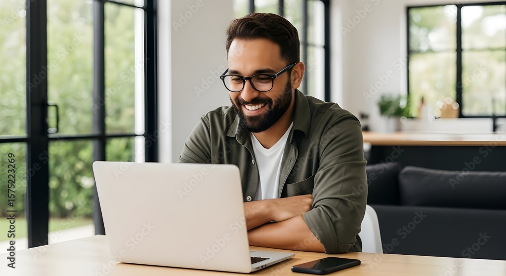 Bearded Man Working on Laptop at Home | Happy Freelancer Smiling While Typing on Computer for Business and Lifestyle Marketing Bearded Man Working on Laptop at Home | Happy Freelancer Smiling While Typing on Computer for Business and Lifestyle Marketing