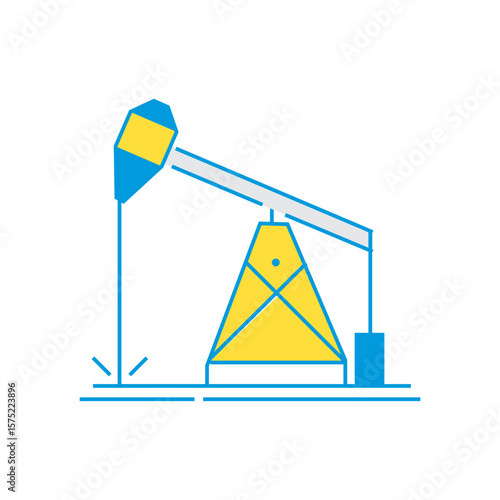 Stylized oil pumpjack icon with blue and yellow colors on white background