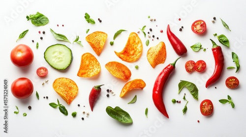 A colorful arrangement of vegetables, including tomatoes, cucumbers, and red peppers, with a white background.