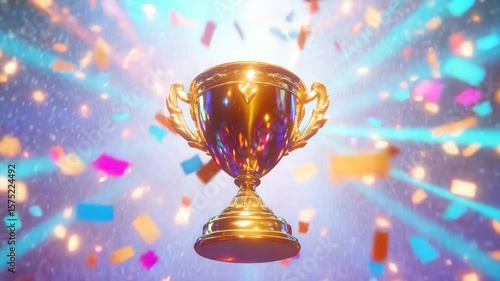 Golden trophy cup shining brightly with colorful confetti and radiant light beams celebrating victory and award prize in festive celebration full of shining golden light and joyful atmosphere