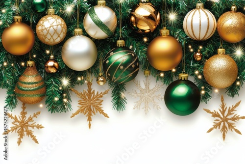Wallpaper Mural Festive Ornament Array: An array of radiant gold, serene silver, and vibrant green ornament adorn a Christmas tree, creating a visual symphony of festive cheer. Torontodigital.ca