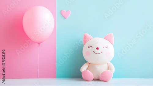 Wallpaper Mural A pink and white cat plush toy with pink ears and a pink nose sits on a white table against a pink and blue background with a pink heart. Torontodigital.ca