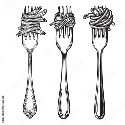 Forks with Different Types of Pasta Vintage Engraving Set