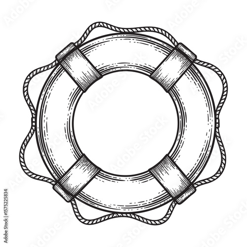 Lifebuoy with Rope Vintage Nautical Hand Drawn Illustration
