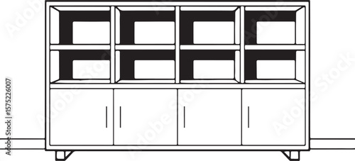 Black and white shelving unit with cabinets and open compartments storage