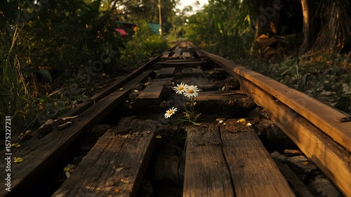 Daisies Blooming on Old Railroad Tracks, Nature's Resilience
