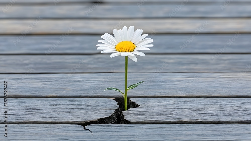 Obraz premium Resilience Concept: Daisy Flower Growing Through Cracked Wooden Planks