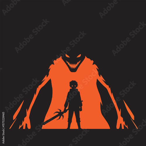 Brave young warrior confronts a looming, monstrous shadow.