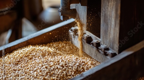 Antique grain mill processing wheat.
