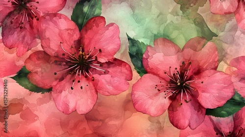 Lush Watercolor Cherry Blossom Floral Pattern with Soft Green Leaves