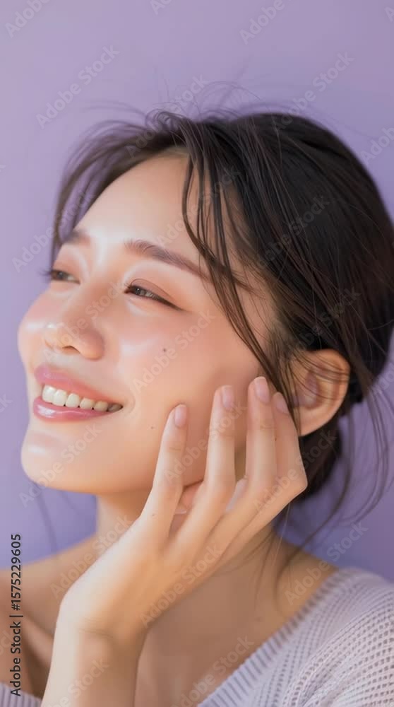 Smiling woman with closed eyes, natural makeup, smooth skin, hand face, relaxed and youthful, serene expression, soft lighting, clear skin, gentle smile, healthy beauty, happiness, purple background Smiling woman with closed eyes, natural makeup, smooth skin, hand face, relaxed and youthful, serene expression, soft lighting, clear skin, gentle smile, healthy beauty, happiness, purple background
