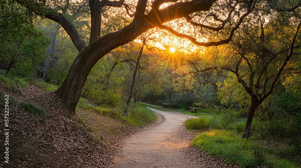 Naklejka premium Sunlit path winding through a tranquil oak woodland at sunset, leaves scattered on the ground