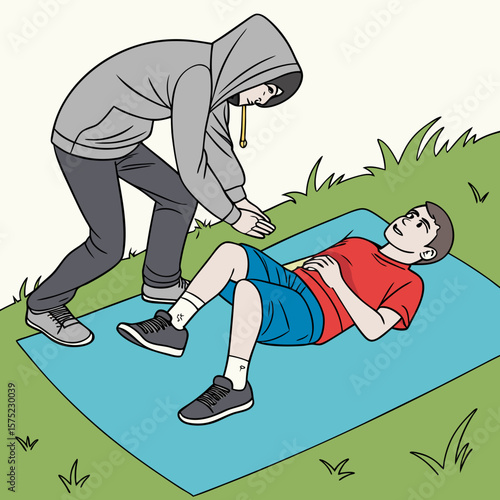 a man lying on a mat with a person in the grass