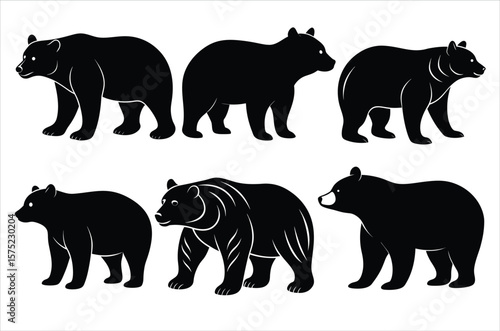 Polar bear silhouettes set,  Grizzly bear standing black silhouette logo vector design, Black bear standing icon vector art illustration graphic, Bear wildlife Art and  illustration