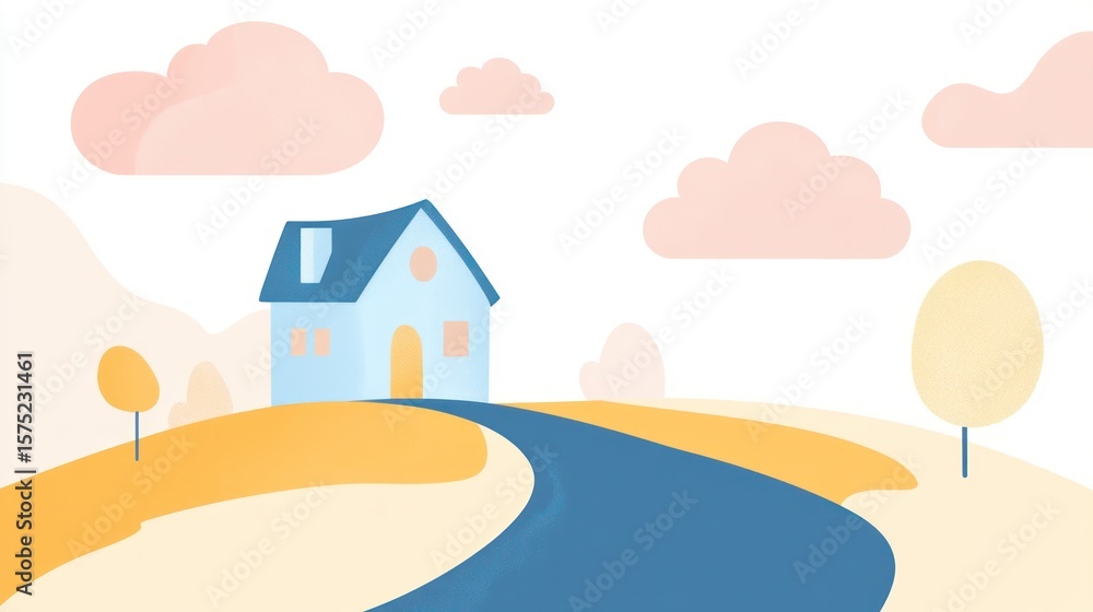 Flat, illustrated landscape with a blue house, road, clouds, and trees in a soft color palette Flat, illustrated landscape with a blue house, road, clouds, and trees in a soft color palette