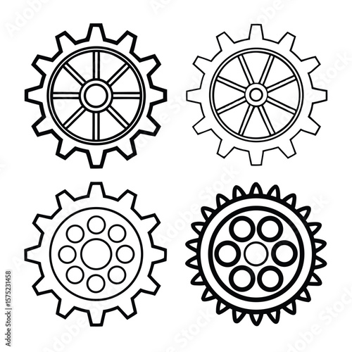 Four black and white gear icons with circular elements gears mechanical