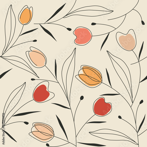 Flower decoration of tulip on orange tones and blue leafs, on a beige color background