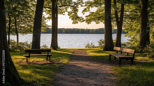 Serene lakeside scene with two park benches nestled amongst tall trees, bathed in the golden light of sunset. A tranquil path leads towards the calm water