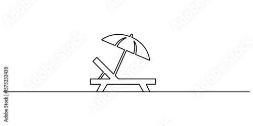 Continuous one line drawing of beach chair lounger with umbrella. Single line art style illustration of Beach umbrella and chair. Doodle vector illustration