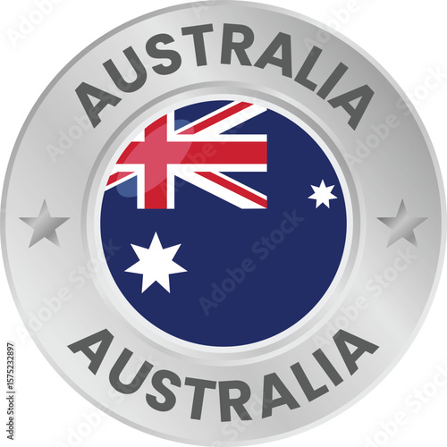 Australia flag in silver colored medal. National flag in metal circle emblem.