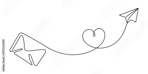 Continuous one line drawing of envelope mail with paper airplane, Envelope mail with flying paper plane sending letter and email message concept vector illustration