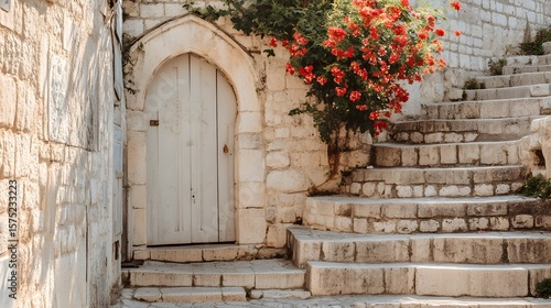 Fototapeta Naklejka Na Ścianę i Meble -  Mediterranean Stone Steps White Door Red Flowers Architecture