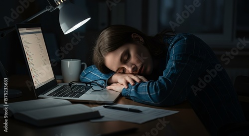 Exhausted Woman Sleeping at Desk After Work