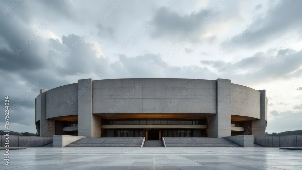 Obraz premium Modern Concrete Round Building Exterior Minimalist Architecture with Cloudy Sky