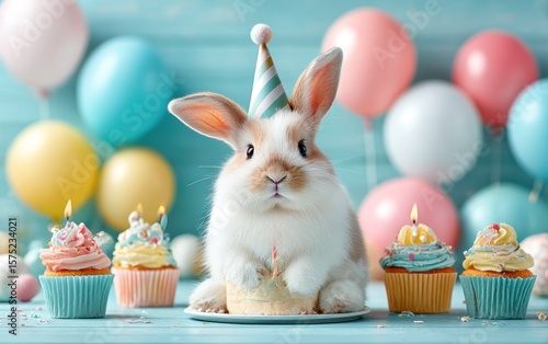 Cute bunny with party decorations