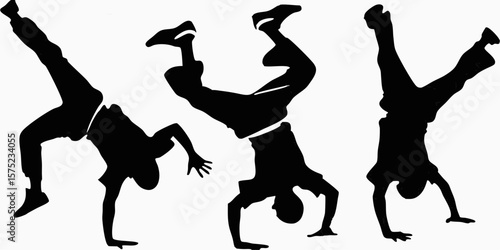 Silhouettes of three breakdancers performing handstands and acrobatic moves on a white backdrop scene | editable eps vectors