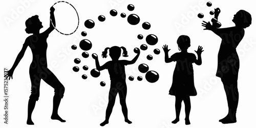 Silhouette of women and children playing with hula hoop and bubbles in a playful scene outdoors | editable eps vectors
