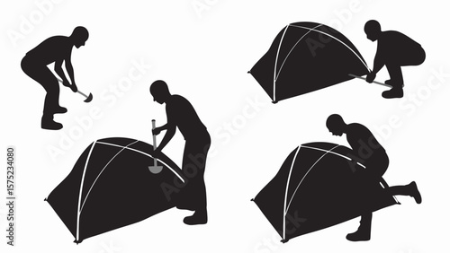 Illustration showing the sequential steps of a person setting up a tent using tools and manual labor | editable eps vectors silhouette