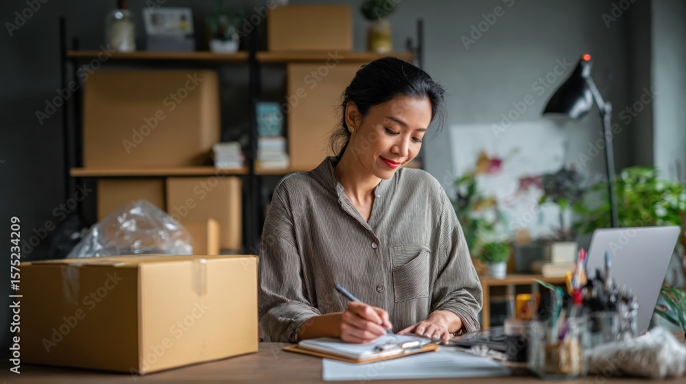 Fototapeta premium Portrait of confident Asian woman SME owner checking order list while packing boxes at home office, online business setup.