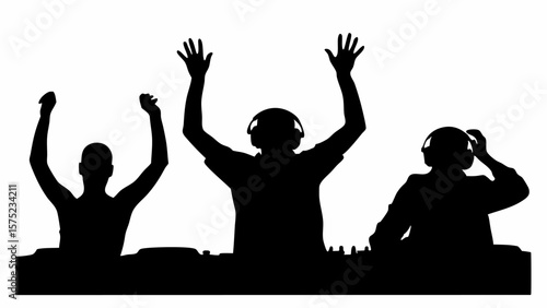 Silhouette of three djs with raised hands wearing headphones behind a mixing console in black and white | editable eps vectors