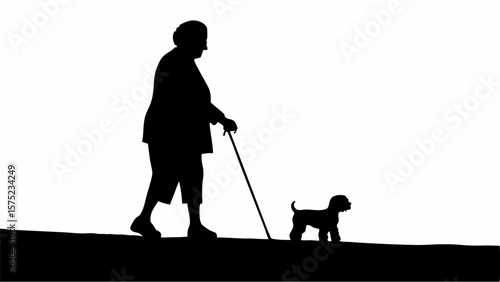 Silhouette of an elderly woman walking with a cane and a small dog on a black and white background scene | editable eps vectors
