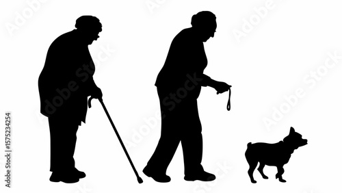 Silhouette of two elderly women one with a cane and the other walking a small dog on a leash outside | editable eps vectors