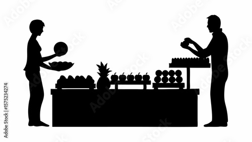 Silhouette of people shopping for fruits and vegetables at a market stand with pineapple and apples | editable eps vectors