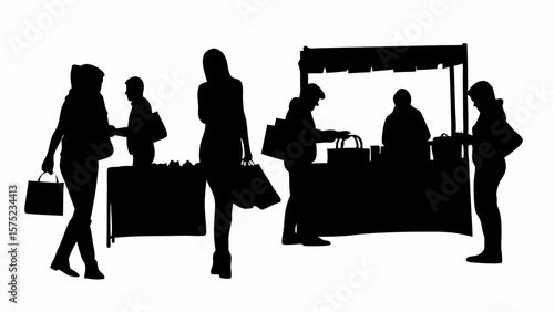 Silhouette of people shopping at market stalls with bags and a canopy on a white background scene | editable eps vectors