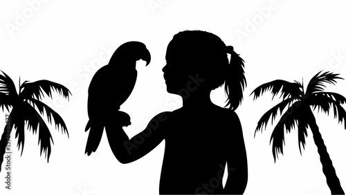 Silhouette of a girl with a parrot on her arm with palm trees on either side in a black and white image | editable eps vectors