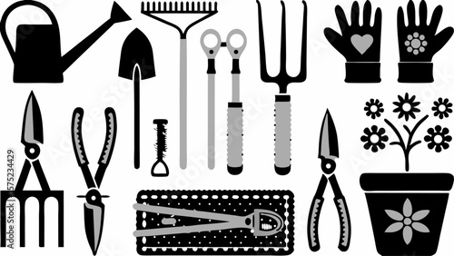 Illustration of gardening tools including watering can, rake, gloves, and flower pot, black and white | editable eps vectors silhouette