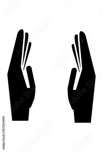 Two stylized black hands with upward-pointing fingers.
Abstract hands icon, palms facing each other, fingers extended.
Graphic of hands in an open or receiving gesture.

