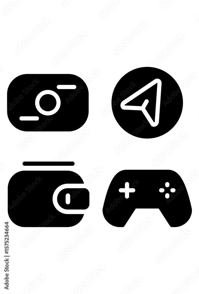 Various black line icons: camera, send, wallet, and gamepad.
Collection of monochrome symbols for photography, communication, finance, and gaming.
Minimalist black icons depicting camera, message, mon