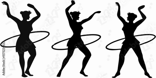 Three silhouettes of women hula hooping in various poses against a white background in black color | editable eps vectors
