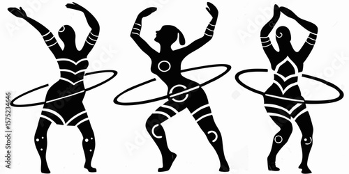 Three stylized black silhouettes of women hula hooping with tribal markings on a white background | editable eps vectors