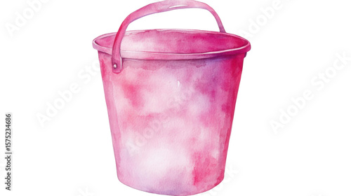 watercolor painting of a pink plastic bucket on white background